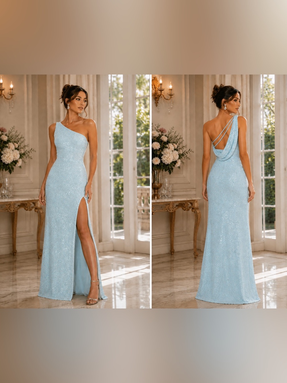 NEW Mac Duggal Blue Sequined One-Shoulder Draped Back Gown Size 8 (Style 26990)